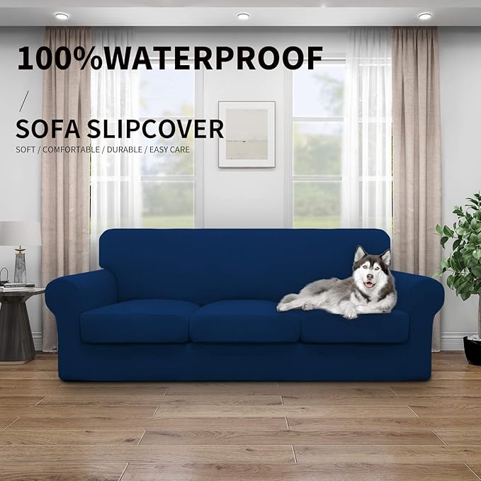 Easy-Going 100% Dual Waterproof 4 Pieces Oversized Cover Stretch Soft Couch Cover for Dogs, Sofa Slipcover for 3 Separate Cushion Couch Leakproof Furniture Protector for Kids, Pets Navy