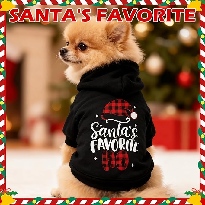 EXPAWLORER Dog Christmas Hoodie - Dog Christmas Sweater Xmas Sweatshirt with Santa Hat Print, Warm Fleece Lined Holiday Pet Outfit with Leash Hole, Cozy Soft Pet Clothes for Small Dogs Cat Puppy, S