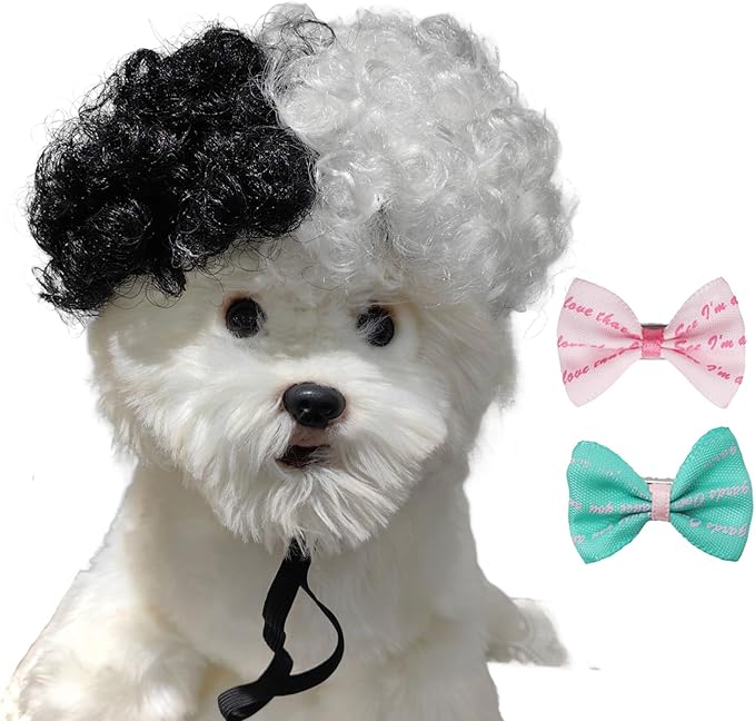 Funny Dog Wig Pet Costumes,Kediciz Cat Costume Synthetic Hairpiece Cosplay Wigs, Headwear for Halloween Christmas Festivals Party Decor, Fancy Dress,Adjustbale Size,Half Black Half White