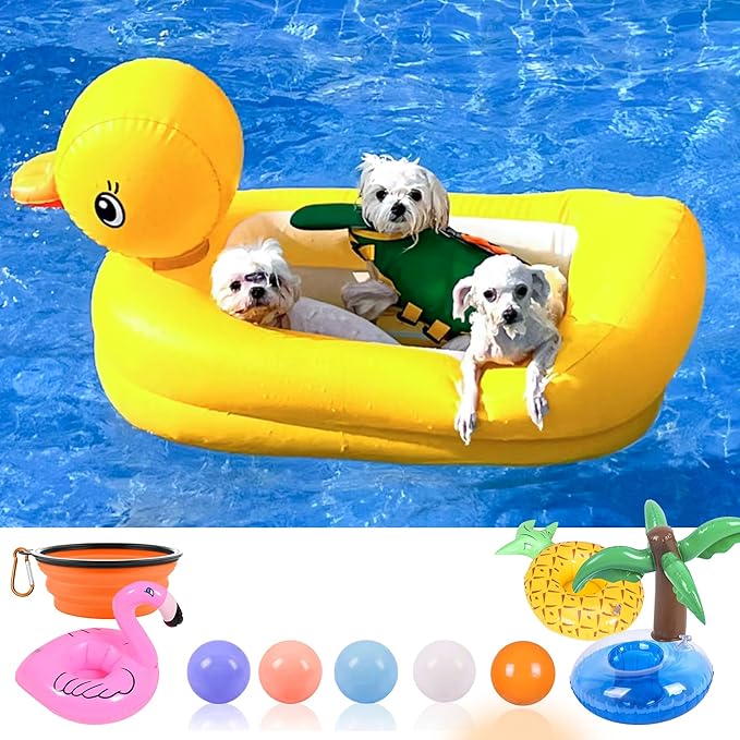 Pool Float Set for Dogs - Raft With Collapsible Bowl, Non-Toxic Water Toys for Small Dogs, Puppies and Doggies, Yellow Duck