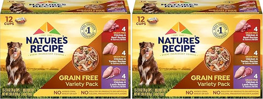 Nature's Recipe Grain Free Wet Dog Food Variety Pack, Chicken Recipes with Beef, Turkey & Lamb in Savory Broth, 2.75 oz. Cups (Pack of 24), 2 Count