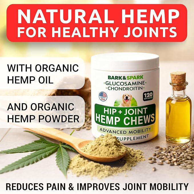 Bark&Spark Advanced Hemp Chews for Dog Joint Pain Relief - Glucosamine Chondroitin Hemp Treats Hip Joint Health - Joint Supplement Large Breed & Small - Treats Joints Old Senior Dog (120Ct/Bacon)