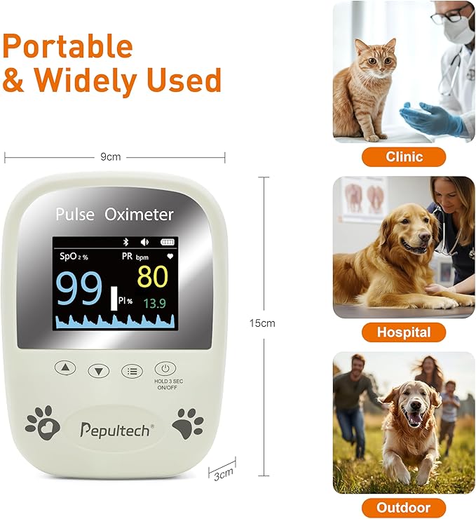 2 Probe Sensor Included -Pepultech Pulse Oximeter for Dogs,Veterinary Blood Oxygen Saturation and Pulse Rate Monitor,Handheld Bluetooth Veterinarian SpO2 Monitor,Accurate Results & Easy to Use