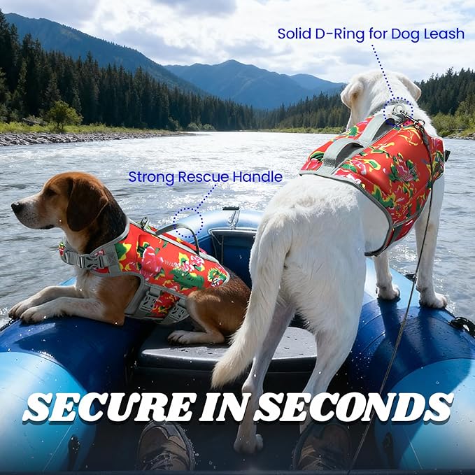 VIVAGLORY High Buoyancy Dog Life Vest, Swimming Vest with Handle, Dog Life Jacket for Swimming & Boating, Buoyancy for Puppy Doggy, M, Northeast Florals-Red