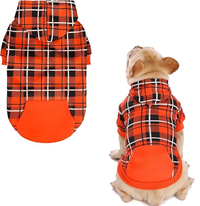 EXPAWLORER Plaid Dog Hoodie - British Style Warm Dog Sweater Shirt with Leash Hole,Pitbull Clothes Outfits,Winter Coat Apparel for All Breeds Puppy Girl Boy-Cat Apparel,Orange S-Medium