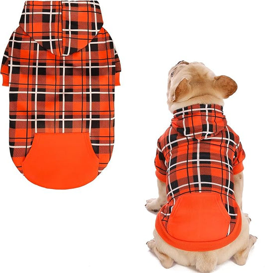 EXPAWLORER Plaid Dog Hoodie - British Style Warm Dog Sweater Shirt with Leash Hole,Pitbull Clothes Outfits,Winter Coat Apparel for All Breeds Puppy Girl Boy-Cat Apparel,Orange S-Medium