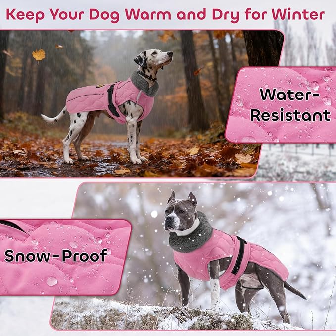 Dog Coats, Warm Puppy Apparel with Fleece Lining for Cold Weather, Windproof Medium Dog Winter Jacket, Reflective Dogs Snow Coat with Leash Hole and Adjustable Buckle, NewPink M