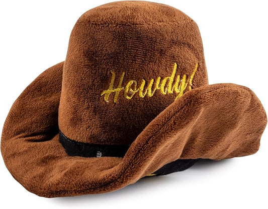 Haute Diggity Dog Cowboy Hat Plush Dog Toy for Medium & Large Dogs, Western-Inspired Stuffed Dog Toys with Interactive Squeaker, Mesh Lining, Machine-Washable, Durable & Safe, One Size, Brown