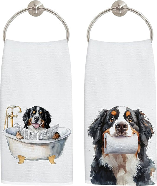 Funny Bernese Mountain Bathroom Hand Towels, Gifts for Bernese Mountain Dog Lovers, Funny Bathtub Dog Hand Towels for Bathroom Toilet Washroom Restroom Decor, 16x24 Inch Set of 2