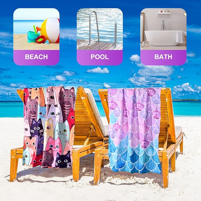 LIVILAN Little Mermaid Beach Towel, 30" x 60" Soft Microfiber, Quick Dry, Absorbent, Sand Free, Lightweight for Kids, Girls, Women, Ideal for Pool, Travel, Bath, Perfect Mermaid Gifts