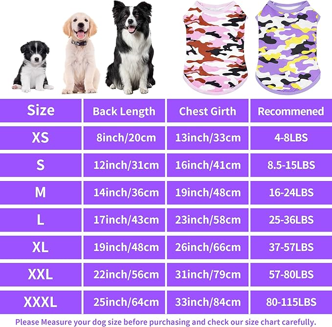Dog Shirts Camo for XXXL Dog Girl Female Pink Purple Sleeveless Tank Top Tee Clothes Vest Soft Light Weight Stretchable Pack of 2 XXXL