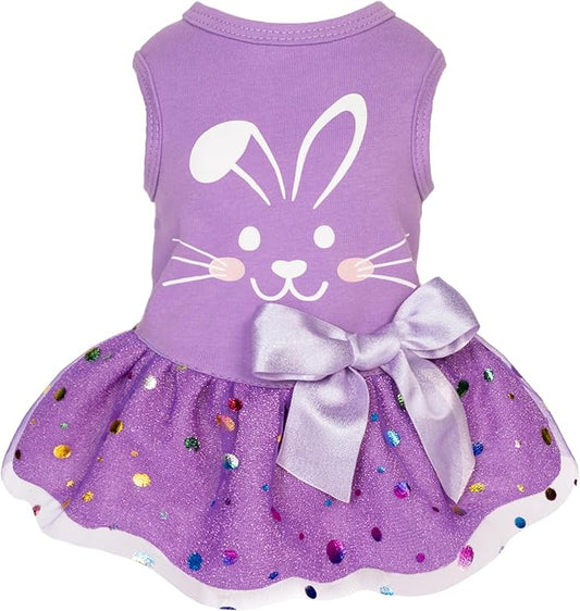 Fitwarm Easter Bunny Dog Dress, Holiday Dog Clothes for Small Dogs Girl, Pet Easter Outfit, Purple, White, Large