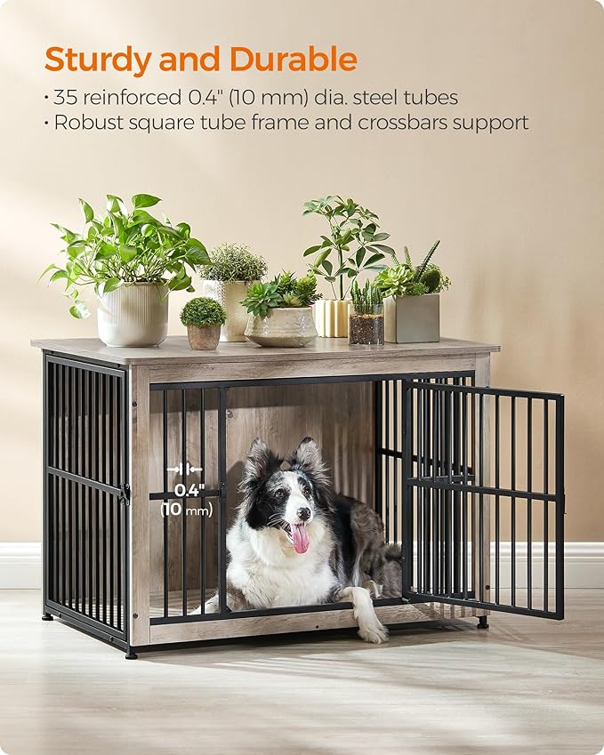 Feandrea 38.6" Dog Crate Furniture, Heavy-Duty Dog Cage Side End Table, XL Pet Wood Kennel for Large and Medium Dogs up to 70 lb with Enclosed Base, Double-Door Pet House, Greige