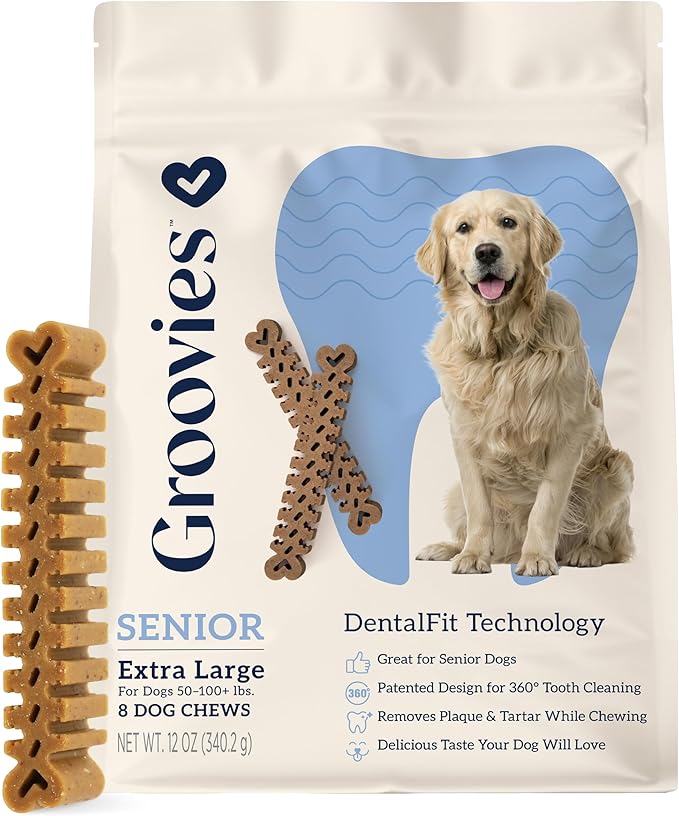 Groovies Gentle & Flexible Senior Dog Dental Chews, Contact-Cleaning Design Supporting Tartar Control & Fresh Breath, Oral Care Treats, USA Manufactured, Patented DentalFit Tech, XLarge Dogs, 8 Chews