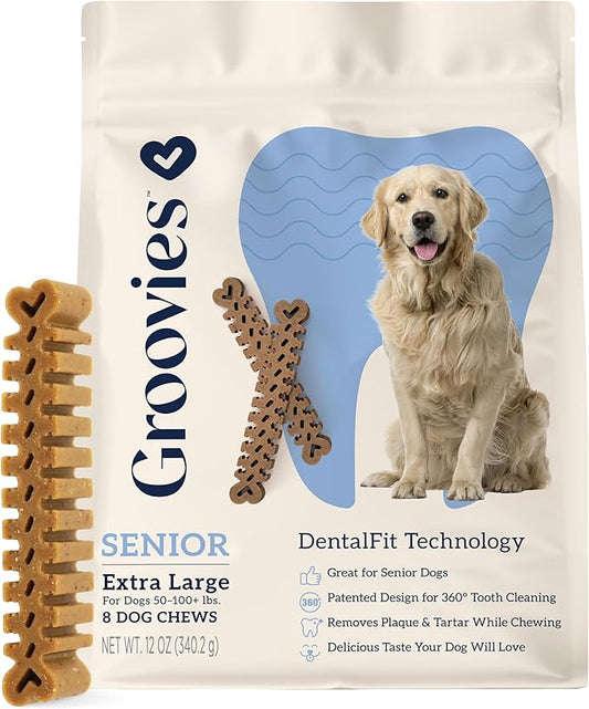 Groovies Gentle & Flexible Senior Dog Dental Chews, Contact-Cleaning Design Supporting Tartar Control & Fresh Breath, Oral Care Treats, USA Manufactured, Patented DentalFit Tech, XLarge Dogs, 8 Chews