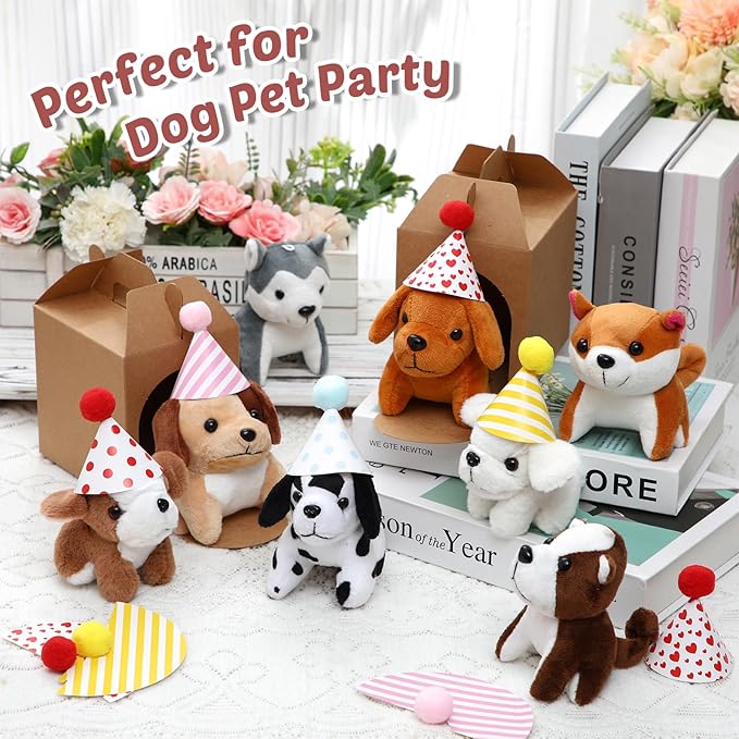 20 Set Mini Plush Toy Stuffed Animals Dogs Set with Birthday Hats Kraft Paper Boxes Small Stuffed Puppy Adopt Pet Gift for Adoption Event Animal Theme Birthday Stocking Stuffers(Cute Dog)