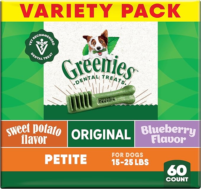 Greenies Veterinarian-Recommended Adult Natural Dental Dog Treats Petite Size, Variety Pack Flavor, (3) 12 oz. Packs, 60 Count