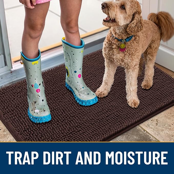 Smiry Dog Door Mat for Muddy Paws 54x24, Absorbs Moisture and Dirt Doormat, Non-Slip Washable Quick Dry Chenille Front Door Mat Indoor Entrance, Entryway Carpet for Inside Floor, Brown