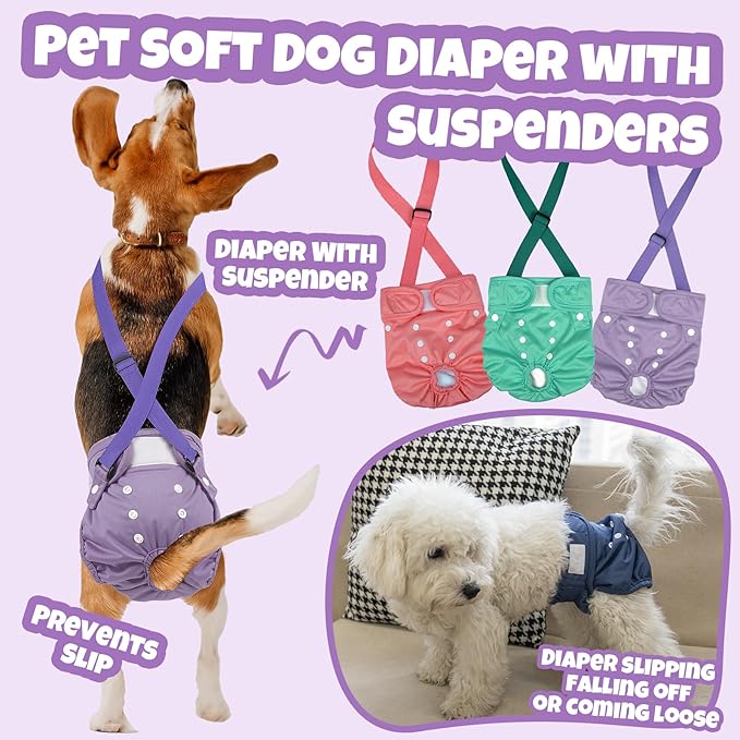 Pet Soft Dog Diapers Female with Suspenders, 3 Pack Reusable Female Dog Diapers for Heat, Dog Period Panties for Doggie in Cycle(X-Small, Pinkycolor)