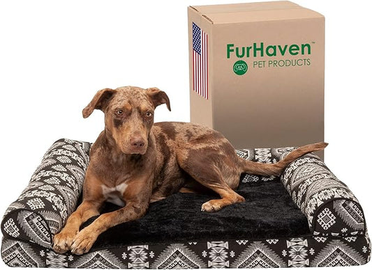 FurHaven Supportive Memory Foam Sofa Dog Bed with Washable & Removable Cover - Plush/Woven - Black Medallion, Dogs Up to 55 lbs - Large