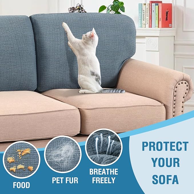 H.VERSAILTEX Jacquard Individual Couch Cushion Covers Stretch Sofa Covers for 3 Cushion Couch Anti-Slip Furniture Protector Soft Thickened Slipcovers Crizzle Pattern(3 Back Covers, Stone Blue)