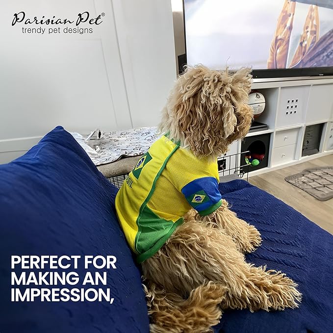 Parisian Pet Team Brazil Dog Jersey - Breathable Mesh Puppy Football Jersey - Lightweight Stretch Sporty Dog Clothes - Summer Shirts for Large Dogs - Soccer Jersey for Dogs - Sportswear Pet Clothes