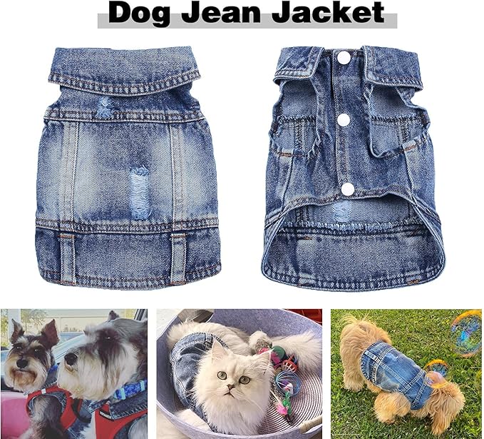 Jean Jacket for Dogs, Blue Denim Lapel Vest Coat Costume, T-Shirt Clothes, Cool and Funny Apparel Outfits, Machine Washable for Small Medium Dogs Cats (XL)