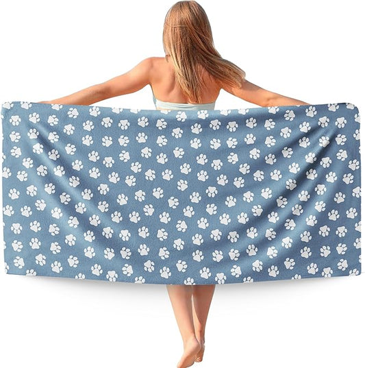 Blue Paws Dog Pet Beach Towel Gifts for Women Dog Lovers Owner, Funny Cute Quick Dry Travel Sand Free Beach Towels Oversized Decor for Bathroom Swimming Pool 30x60in