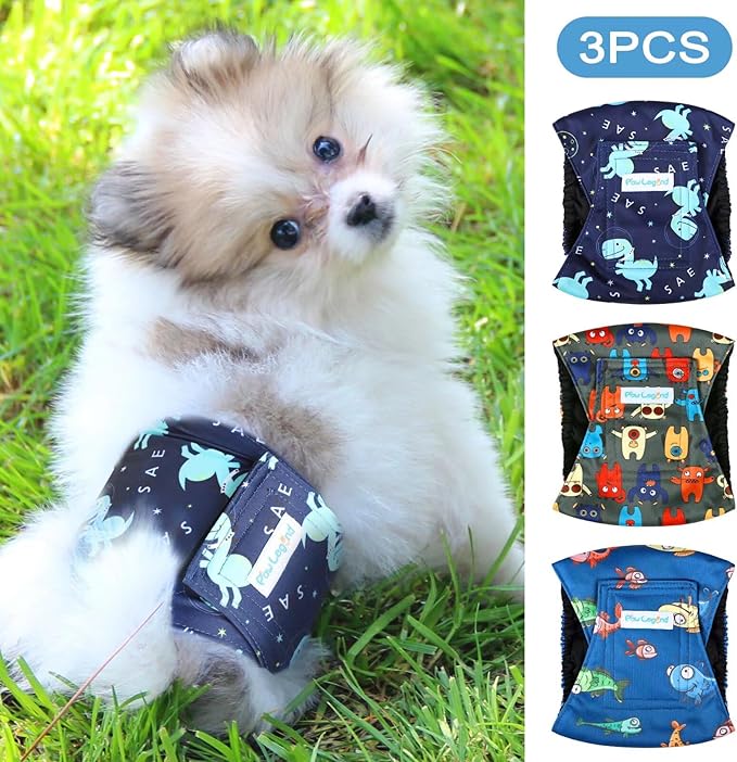 Paw Legend Washable Dog Belly Band Wrap Diapers for Male Dog | High Absorbing Puppy & Doggy Diapers Male (3 Pack, X-Large), PL-B-MP-1, Monster&Dinosaur&Fish