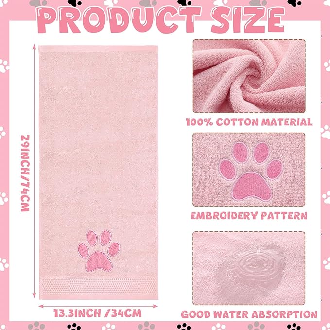 2 Pcs Dog Paw Hand Towels Pink Bathroom Decor 13 x 29 Inch 100% Cotton Embroidered Soft Hand Towels Absorbent Farmhouse for Kitchen Restroom