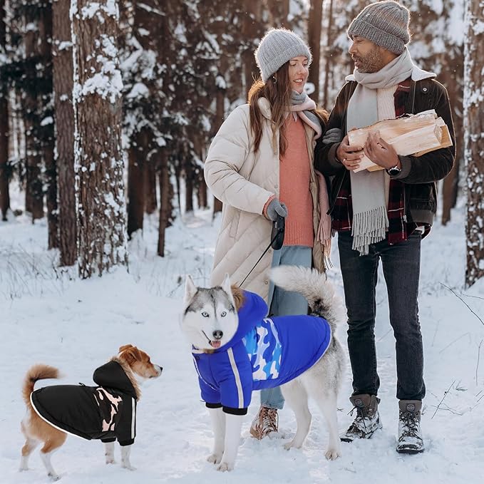 Queenmore Warm Dog Winter Coat, Cold Weather Waterproof Dog Snow Jacket, Reflective Dogs Hoodie with Long Sleeves for Small Medium and Large Dogs
