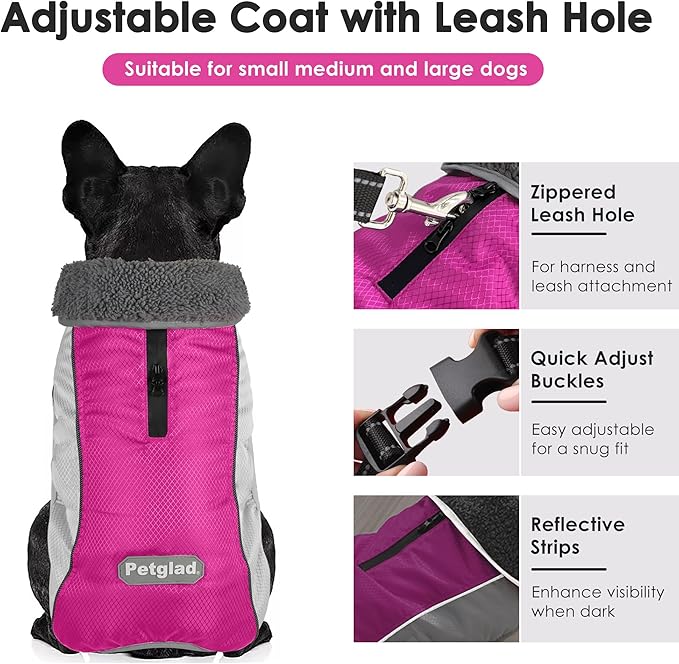 Dog Coat, Waterproof Ripstop Dog Winter Jacket with Leash Hole, Reflective Adjustable Warm Pet Fleece Snow Sweater for Small Medium Large Dogs - Rosy Red, M