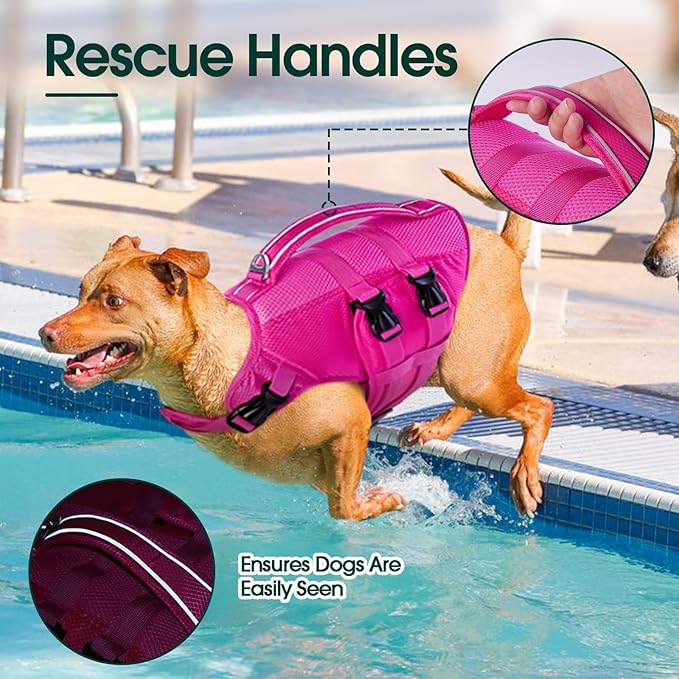 Kuoser Dog Life Jacket, XXL Dog Life Vest for Swimming Boating, Reflective Doggie Swimming Vest Pet Swim Preserver with Rescue Handle, Rosered XXL