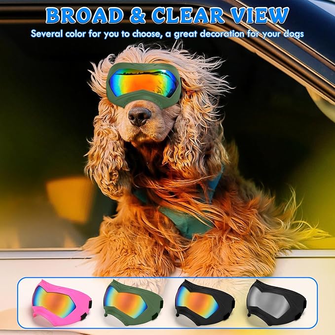 Large Dog Sunglasses Dog Goggles Pet Glasses Pet Eyewear with Adjustable Strap, Glasses for Medium Large Dog Swimming Skating Glasses Windproof Dustproof UV Proof (Green-Coloful)