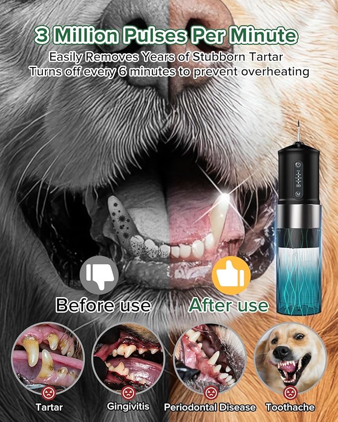 YABIFE Non-Vibrating Ultrasonic Tooth Cleaner for Dogs with Water Cooling System. Dog Plaque and Starter Remover, with Dental Care Kit and Teeth Brush, 3 Cleaning Modes with Lighting