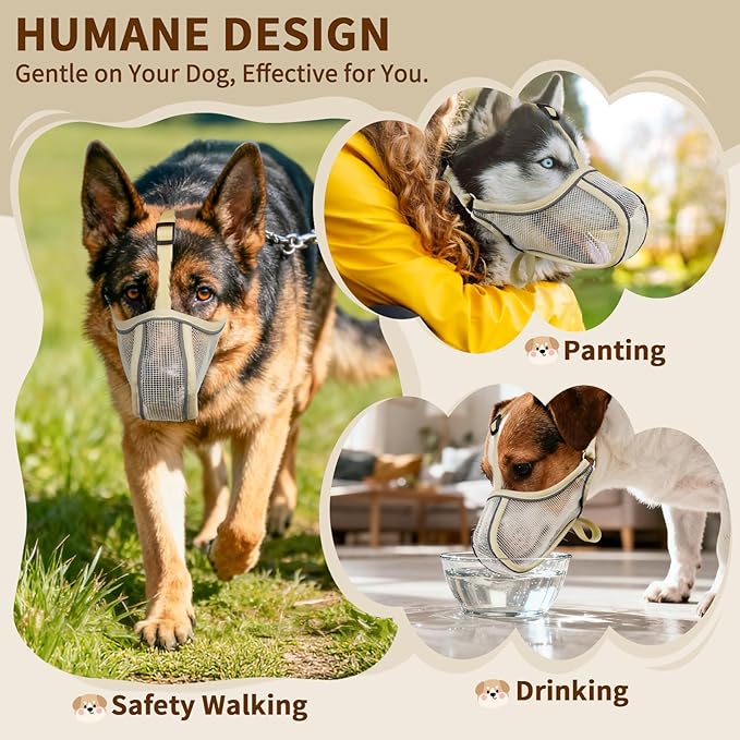 Mayerzon Dog Muzzle to Prevent Biting Scavenging Chewing, Soft Mesh Puppy Muzzles for Small Sized Dogs, Breathable, Reflective, Adjustable Mouth Guard for Grooming Walking Training (XS, Khaki)
