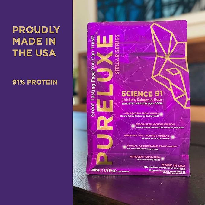 PURELUXE Grain and Gluten Free Dog Food, Stellar Science 91, Chicken, Salmon, and Eggs, for All Life Stages, Made in The USA, 22lbs