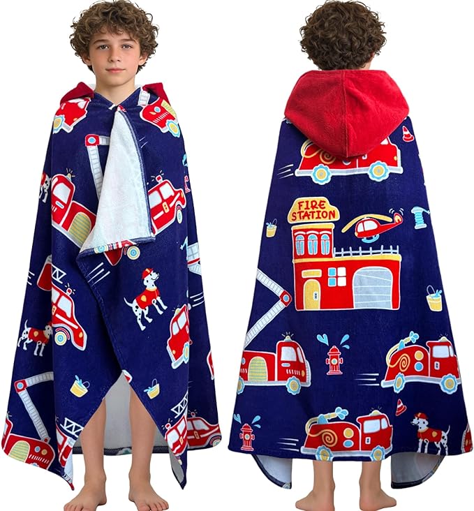 VOOVA & MOVAS Hooded Beach Towels for Teens & Big Kids (8Years Up) | 100% Cotton Thick Soft Absorbent Towel Wrap for Beach, Pool, Swim & Bath | Fire Truck Design