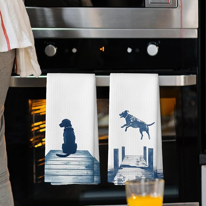 Lake House Decor Labrador Kitchen Towels Set of 2, Summer Funny Lake Dog Coastal Bathroom Hand Towel, Dog Lover Gifts Tea Towel Dish Towels 16x24 Inch