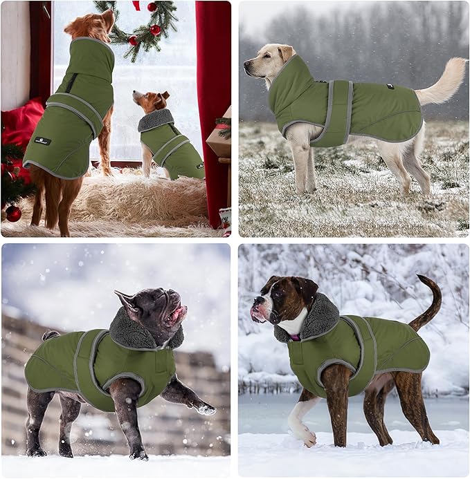 Dogcheer Dog Coat, Waterproof Dog Jacket Reflective Pet Winter Coat with Adjustable Hook & Loop, Christmas Puppy Fleece Jacket Warm Turtleneck Snowsuit for Small Medium Large Dogs - Green, XL