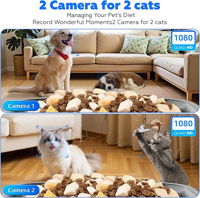 TYM Automatic Cat Feeder with 2 Camera for 2 Cats,7L Dog Automatic Feeder with Night Vision 2K 4MP 5G WiFi Dual Cat Feeder with Smart App Two Way Audio Privacy Masking Stainless Steel