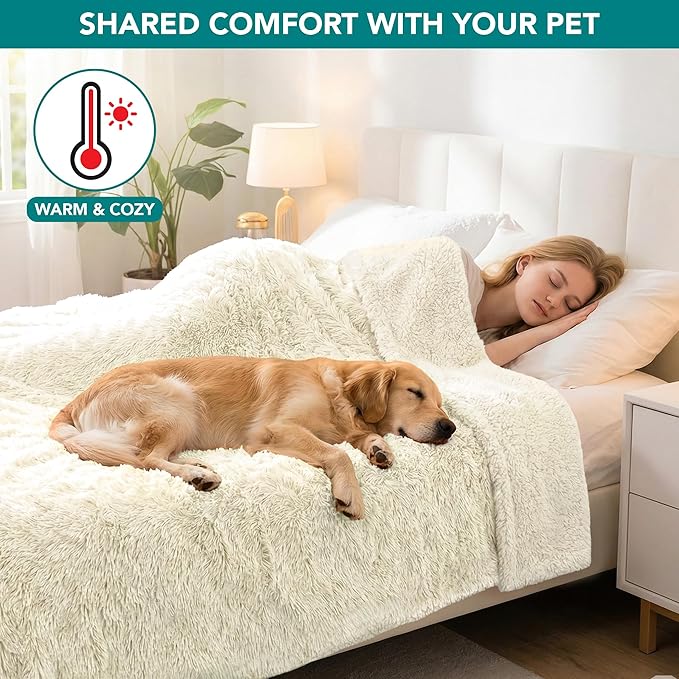 PetAmi Waterproof Dog Blanket for Large Dog, Calming Pet Blanket Bed Couch Cover Protector, Washable Sherpa Faux Fur Throw for Sofa Furniture Protection, Soft Fluffy 60x80 Cream Beige