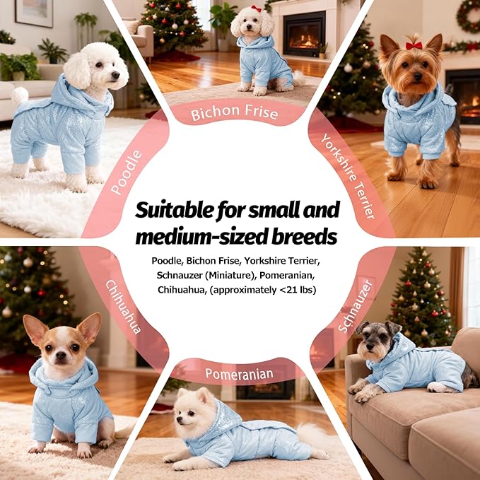 White Duck Down Dog Coat - 4-Leg Coverage, Waterproof Windproof Warm Winter Snowsuit, Cotton Anti-Static Lining, Built-in Harness Hole for Small/Medium Dogs,Size 10(XXS) Sky Blue
