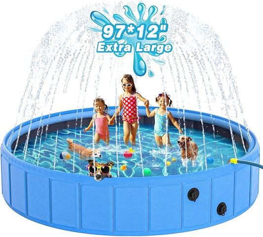 EPN Large Foldable Dog Pool – 0.55MM PVC 2-in-1 Portable Bathtub & Sprinkler for Dogs, Cats, Kids – Heavy Duty, Non-Slip, Summer Water Toy (97 in)
