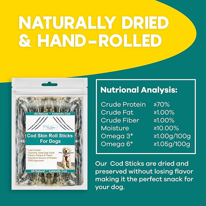 Ocean Tides Cod Skins for Dogs and Cats 12 Oz - Icelandic Atlantic Fish Skin Treats, Dried Lean Crunch Sticks Chews, Single Ingredient Healthy Treat for Dogs, Crunch Fish Sticks for Puppies and Cats