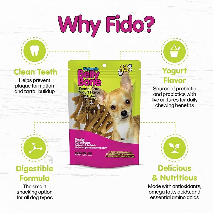 Fido - Belly Bones for Dogs, 21 Yogurt Flavor Mini Dog Dental Treats (Made in USA) - 21 Count Dog Treats for Small Dogs - Plaque and Tartar Control for Fresh Breath, Digestive Health Support