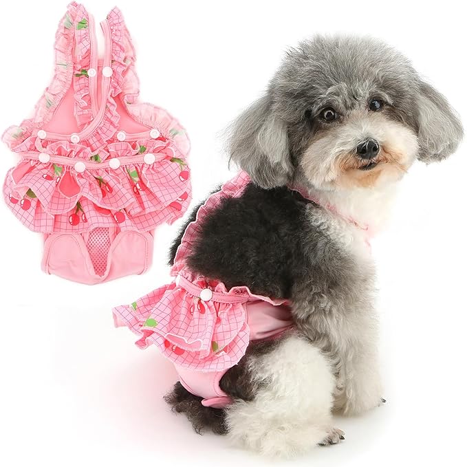 Zunea Washable Female Small Dog Diapers for XS/S Size Dogs Adjustable Suspender Reusable Puppy Sanitary Diaper Pantie Cute Cherry Plaid Nappies Skirt for Doggy Chihuahua Yorkie in Heat Pink XL