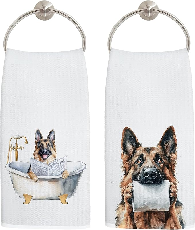 Funny German Shepherd Bathroom Hand Towels, German Shepherd Lover Gifts for Women Men, Funny Bathtub Dog Hand Towels for Bathroom Toilet Washroom Restroom Decor, 16x24 Inch Set of 2