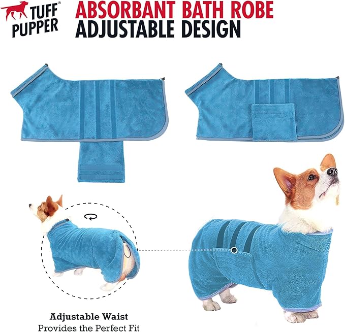 Tuff Pupper Fast Drying Dog Bath Robe | 800 GSM Plush Dog Towel Bathrobe/Dressing Gown | Super Absorbent Pet/Puppy Bathrobe | Adjustable Hood & Belly Strap | Super Soft | Fast Drying (XS, Blue)