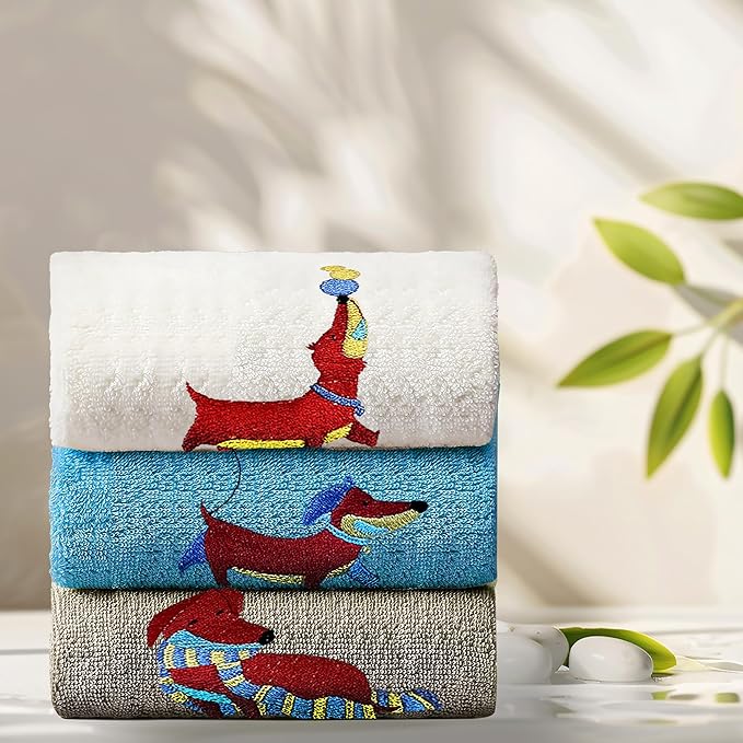 3 Pcs Embroidered Dachshund Hand Towels for Bathroom Kitchen, Cute Sausage Dog Decorative Towels, 14x29 inches 100% Cotton Bath Towels, Dog Lover Gift
